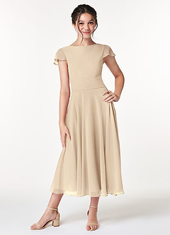 Azazie Payton Junior Champagne A-Line Bow Chiffon Dress image1
