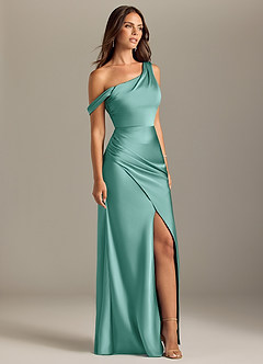 Azazie Madelyn Bridesmaid Dresses Aqua Mermaid Off the Shoulder Stretch Satin Convertible Dress image4