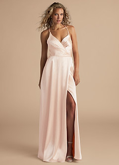 Azazie Davis Bridesmaid Dresses Rose Gold A-Line Pleated Metallic Satin Dress image2
