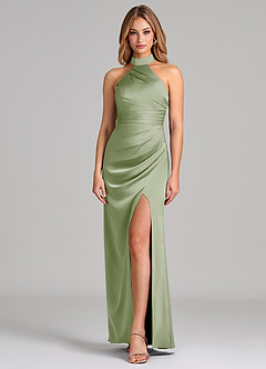 Azazie Karlotta Bridesmaid Dresses Dusty Sage Sheath Pleated Stretch Satin Dress image1