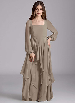 Azazie Clara Junior Vestido de Gris Pardo de Gasa de Corte en A con Blusón image5