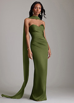 Azazie Sonora Vestidos de damas de honor Vestido de Oliva de Satén Elástico de Corte Recto con Sin tirantes image9