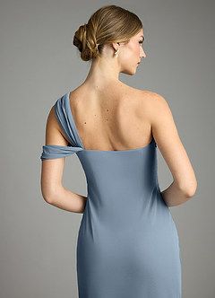 Azazie Tati Venta Final Vestido de Azul Polvoriento de Malla de Corte Recto con Vestidos sin tirantes image6