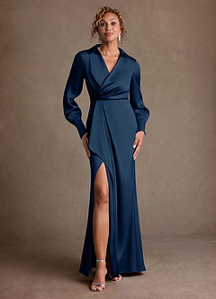 Azazie Jacinta Suknie dla Matki Panny Młodej Osłona Pofałdowany Satyna elastyczna Długość podłogi Sukienka image1