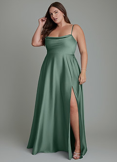 Azazie Elle Bridesmaid Dresses Eucalyptus A-Line Pleated Stretch Satin Dress image12