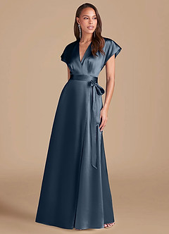 Azazie Nico Bridesmaid Dresses Dark Navy A-Line Pleated Metallic Satin Dress image1