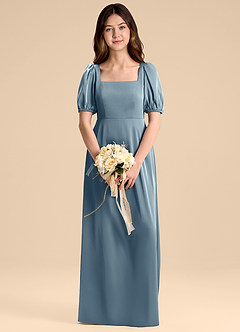 Azazie Briar Junior Vestido de Azul Polvoriento de Satén Elástico de Corte en A con Lazo image1