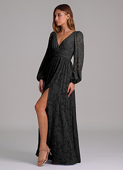 Azazie Norah Bridesmaid Dresses Black A-Line Long Sleeve Floral Burnout Dress image3