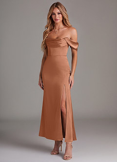 Azazie Saige Bridesmaid Dresses Bronzer Mermaid Off the Shoulder Stretch Satin Dress image1