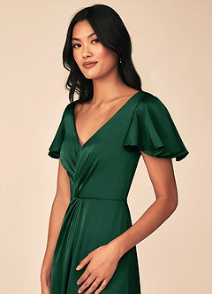 Azazie Soren Bridesmaid Dresses Dark Green A-Line Pleated Stretch Satin Dress image7