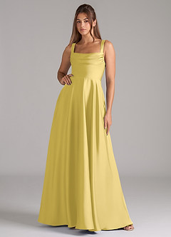 Azazie Shaude Bridesmaid Dresses Canary A-Line Pleated Stretch Satin Dress image1