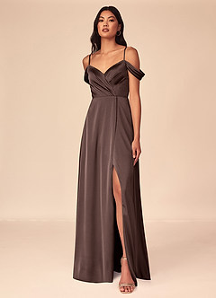 Azazie Ocean Bridesmaid Dresses Ganache A-Line V-Neck Pleated Stretch Satin Dress image1