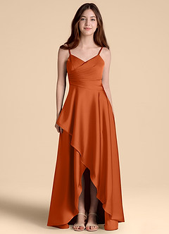 Azazie Prisha Junior Robe Trapèze en Satin extensible Plissée Orange Brûlée image5