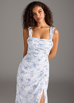 Azazie Jesaphine Bridesmaid Dresses Blue Cottage Floral Sheath Bow Chiffon Dress image3