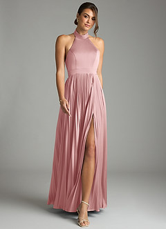 Azazie Zienna Venta Final Vestido de Rosa Polvorienta de Satén Elástico de Corte en A con Plisado image4