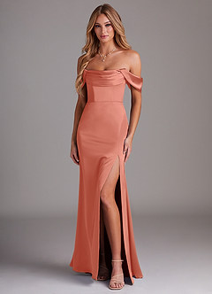 Azazie Saige Abiti da Damigella Abito Tubino in Raso Elasticizzato a Spalla Scoperta Salmone Rosa image1
