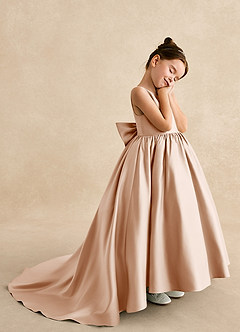 Azazie Mimia Blumenmädchenkleider A-Linie Schleifen Matte Satin Kleid Englisches Rosa image4