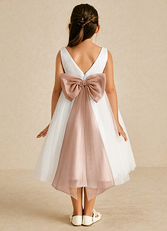 Azazie Kavi Blumenmädchenkleider A-Linie Schleifen Matte Satin Kleid Elfenbein Champagnerrose image1