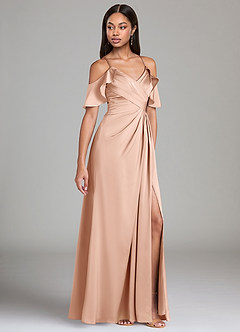 Azazie Dakota Robes de demoiselle d'honneur Robe Trapèze en Satin extensible Épaule décolletée Or Rose image1