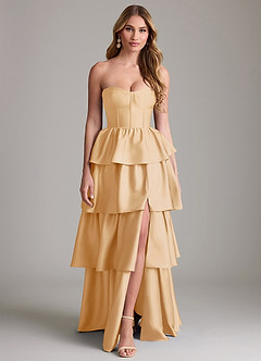 Azazie Faye Bridesmaid Dresses Gold A-Line Ruched Stretch Satin Dress image1