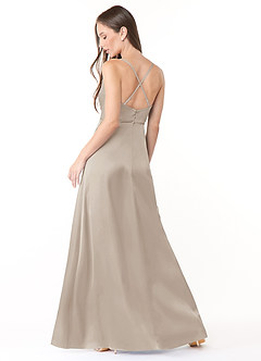 Azazie Naomie Bridesmaid Dresses Frost A-Line Cowl Neckline Side Slit Stretch Satin Dress image2