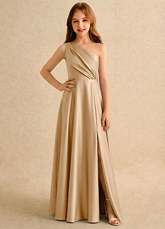 Azazie Puddles Girls Formal Flower Girl Dresses Gold A-Line One Shoulder Stretch Satin Dress image1
