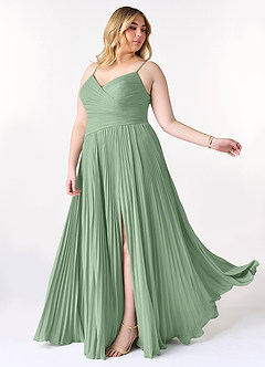 Azazie Vini At-home Try On Dresses Matcha A-Line V-Neck Pleated Chiffon Dress image10