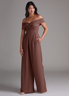 Azazie Lamara Bridesmaid Dresses Espresso Off the Shoulder Chiffon Convertible Jumpsuit image4