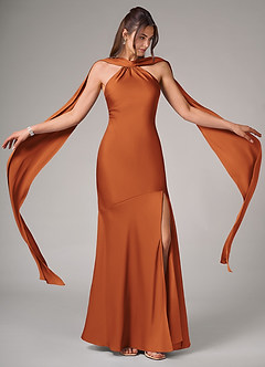 Azazie Kinsley Robes de demoiselle d'honneur Robe Sirène en Satin extensible Fente Latérale Cannelle image2