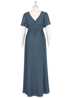 Azazie Verna Robes de demoiselle d'honneur de maternité Robe Trapèze Col V froncé Longueur ras du sol Mousseline de soie image7