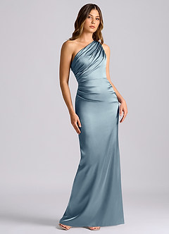 Azazie Akilah Brudtärnklänningar Klä av Sjöjungfru i Stretch Satin Ena axeln Dammblå image1