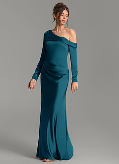Azazie Sandra Bridesmaid Dresses Ink Blue Mermaid Long Sleeve Stretch Satin Dress image4