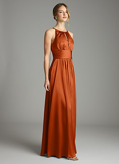 Azazie Bonnie Bridesmaid Dresses Burnt Orange A-Line Pleated Stretch Satin Dress image4