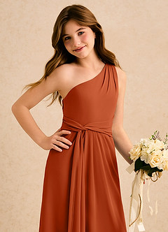 Azazie Tilda Girls Formal Jurken voor bloemenmeisjes Kolom Jurk van Chiffon One-Shoulder Verbrande Sinaasappel image5