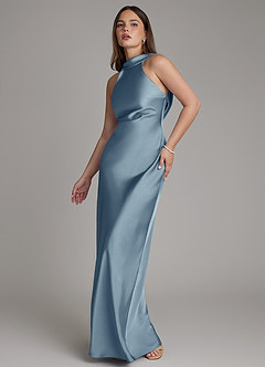 Azazie Dimitra Bridesmaid Dresses Dusty Blue A-Line Pleated Stretch Satin Dress image4