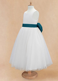 Azazie Kavi Flower Girl Dresses Ivory Ink Blue A-Line Bow Matte Satin Dress image9
