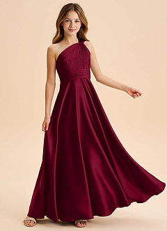 Azazie Charlize Junior Vestido Borgonha de Cetim elástico de Linha A com Plissado image5