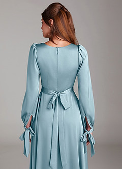 Azazie Leonia Bridesmaid Dresses Moody Blue A-Line Long Sleeve Stretch Satin Dress image7