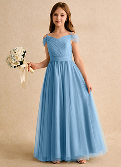 Azazie Yuna Girls Formal vestidos de niña de las flores Vestido de Azul Acero de Tul de Corte en A con Vestidos sin tirantes image5