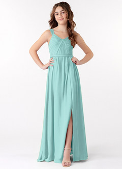 Azazie Evie Junior Aqua A-Line Pleated Chiffon Dress image1