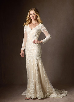 Azazie Dulce Amor Vestidos de novia Vestido de Blanco Diamante Champán de Tul de Corte Sirena con Encaje Cuello V image9
