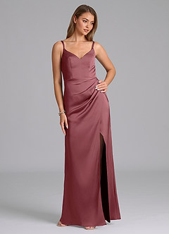 Azazie Leo Bridesmaid Dresses Desert Rose Sheath Pleated Stretch Satin Dress image5