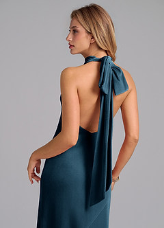 Azazie Velli Vestidos de damas de honor Vestido de Topacio Azul de terciopelo de Corte Sirena con Cuello Alto image2