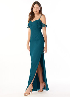 Azazie Emeralda Bridesmaid Dresses Ink Blue Sheath Off the Shoulder Chiffon Dress image1