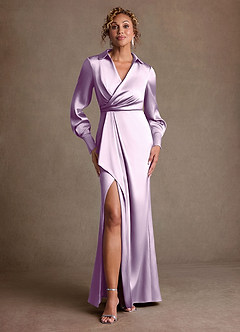 Azazie Jacinta Mother of the Bride Dresses Frosted Lilac Sheath Pleated Stretch Satin Dress image1