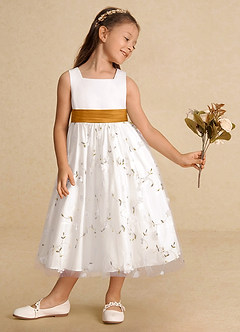 Azazie Pollie Flower Girl Dresses Ivory Butterscotch A-Line Bow Tulle Dress image4