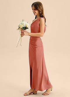 Azazie Madelyn Junior Osłona Zza ramienia Satyna elastyczna Długość podłogi Młodsza druhna Sukienka image3