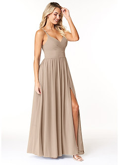 Azazie Dominic Bridesmaid Dresses Taupe A-Line V-Neck Pleated Chiffon Dress image4