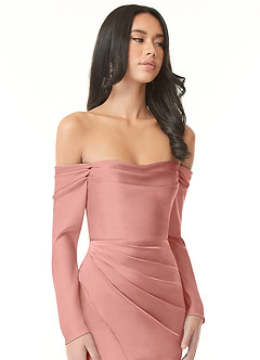 Azazie Hallie Bridesmaid Dresses Rosette Sheath Off-The-Shoulder Long Sleeve Stretch Satin Convertible Dress image1