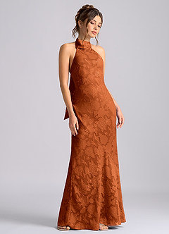 Azazie Velli Vestidos de damas de honor Vestido de Naranja Quemada de Devorado Floral de Corte Sirena con Cuello Alto image5